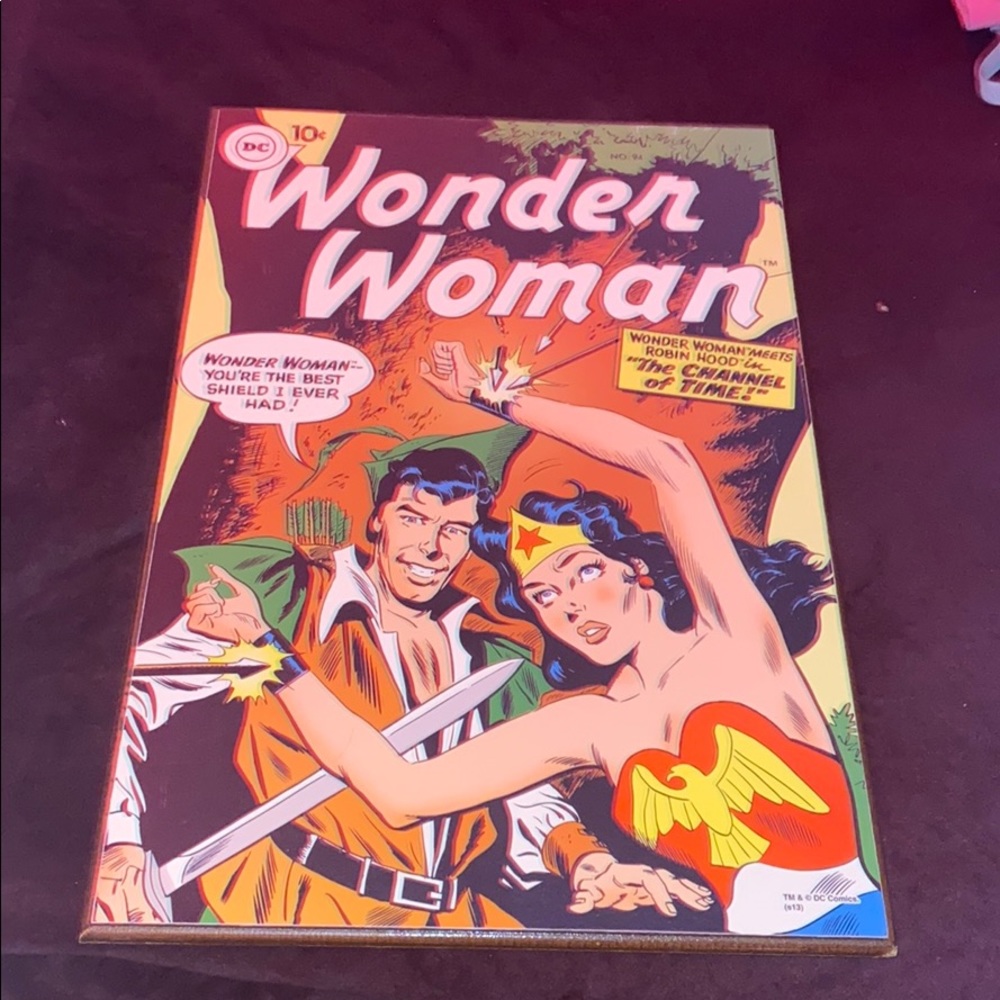 wonder woman and robin hood comic wood poster